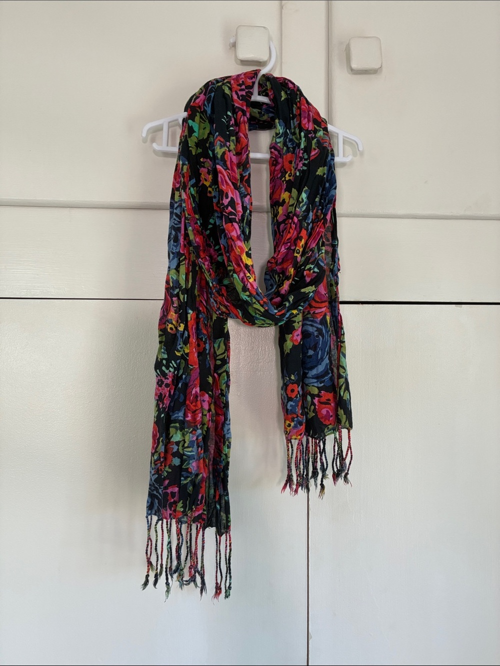 Handmade Black Floral Lightweight Scarf with Fringe